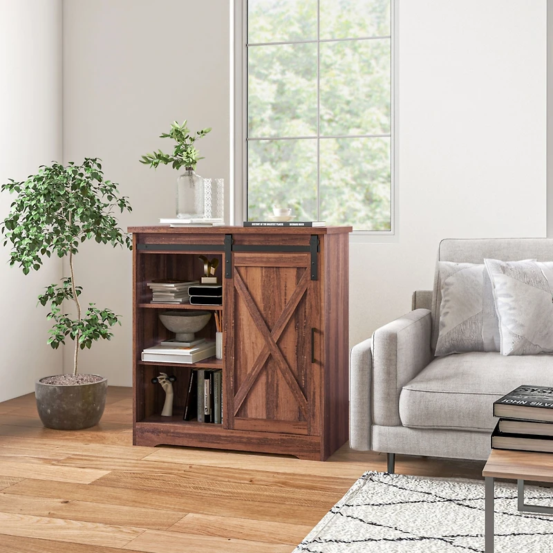 Farmhouse Coffee Bar Cabinet, 33" Buffet Sideboard with Sliding Barn Door and Adjustable Shelf, Kitchen Buffet Cabinet, Brown