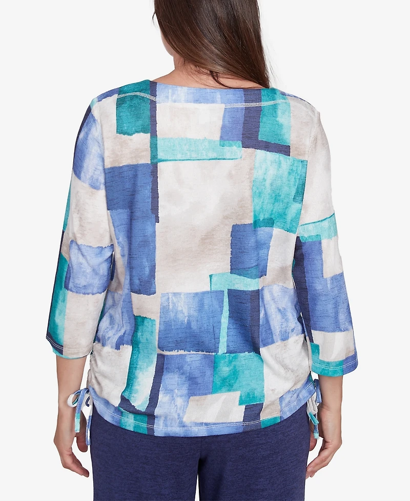 Alfred Dunner Petite French QuarterBlue Tone Box Print Ruched Top