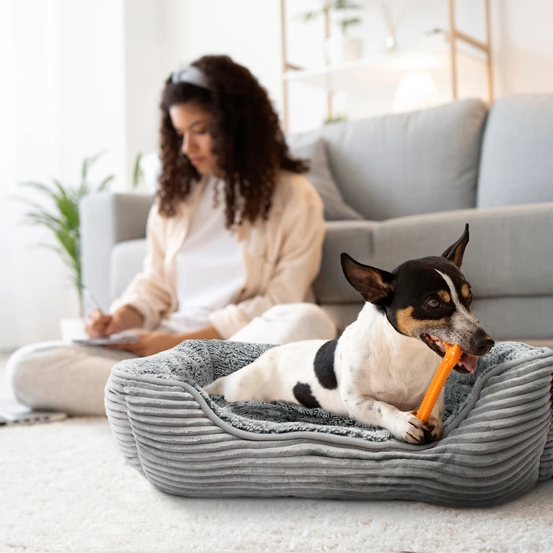 Details Rectangle Dog Bed, Durable Sleeping Calming Cuddler for Pets, Super Plush Corduroy Sherpa
