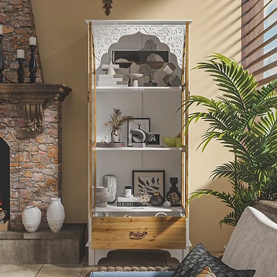 Famapy White Wooden 3-Shelf Standard Bookcase with Acrylic Door, Drawer