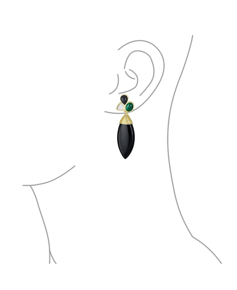 Bling Jewelry Fashion Multi Color Cluster Accent Wire Wrap Large Pointed Pear Shape Natural Green White Black Onyx Teardrop Drop Earrings Yellow Gold