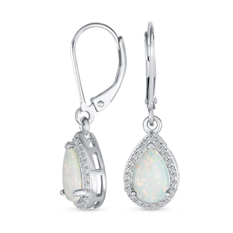 Bling Jewelry Cz Halo Solitaire White Opal Teardrop Pendant & Earrings Jewelry Set
