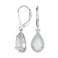 Bling Jewelry Cz Halo Solitaire White Opal Teardrop Pendant & Earrings Jewelry Set