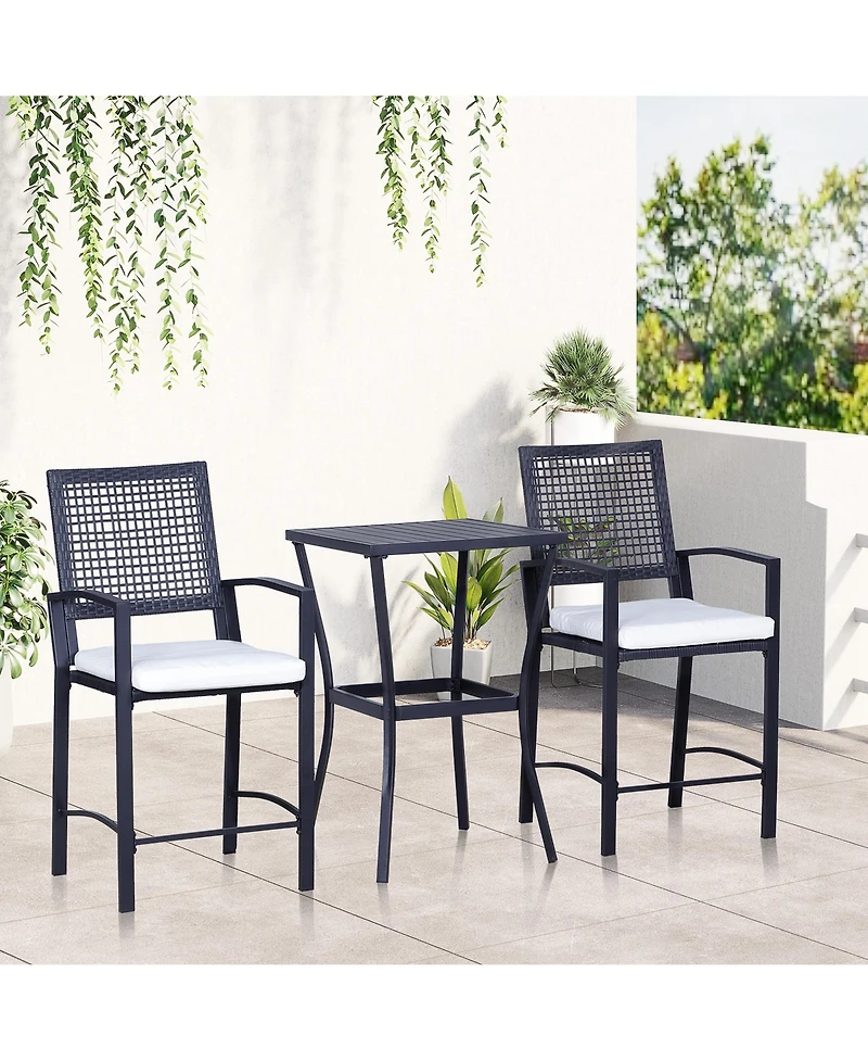 3pcs Patio Bar Set with Soft Cushion, Rattan Wicker Outdoor Furniture Set for Backyards, Lawn, Deck, Poolside