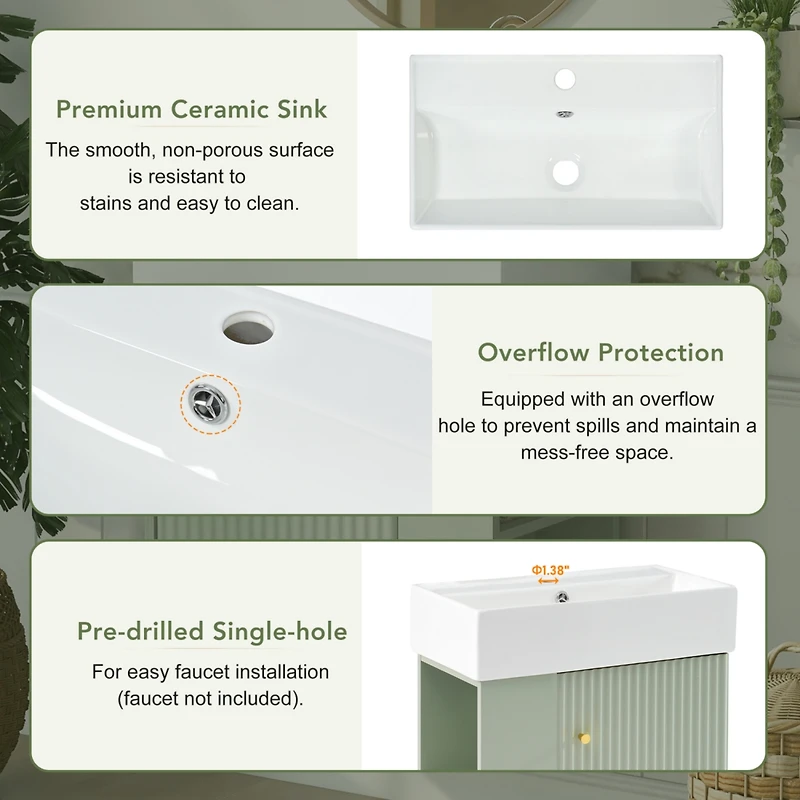 21.6 inch Modern Floating Bathroom Vanity with Ceramic Basin - Perfect for Small Bathrooms, Left side storage