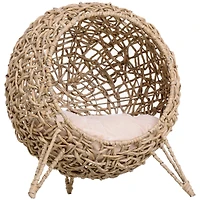 20.5" Weaved Cat Bed, Elevated Hand-woven Braided Banana Leaf Kitten House Condo with Cushion, Beige