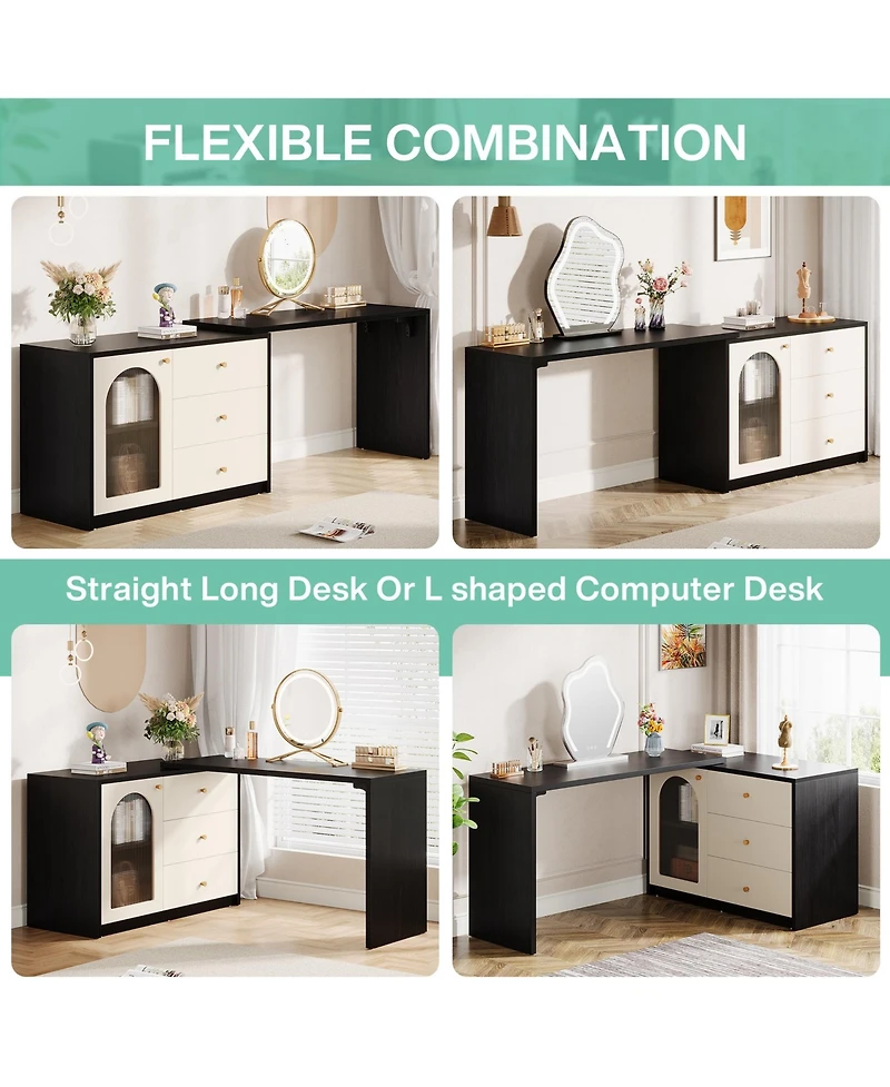 Tribesigns Modern Makeup Vanity, Retractable Large Vanity Desk with 3 Drawers and Cabinet