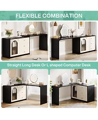Tribesigns Modern Makeup Vanity, Retractable Large Vanity Desk with 3 Drawers and Cabinet