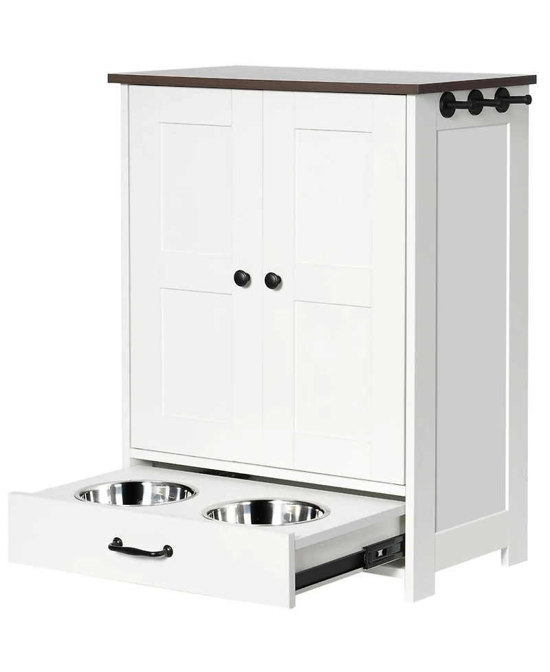 Dog Feeding Station, Dog Food Storage Cabinet with Hidden Dog Bowls, Adjustable Panel, Hooks, for Medium Sized Dogs, White