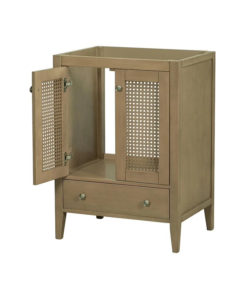 Simplie Fun 24" Bathroom Vanity without Sink, Base Only, Rattan Cabinet with Doors and Drawer, Solid Frame and Mdf Board, Natural