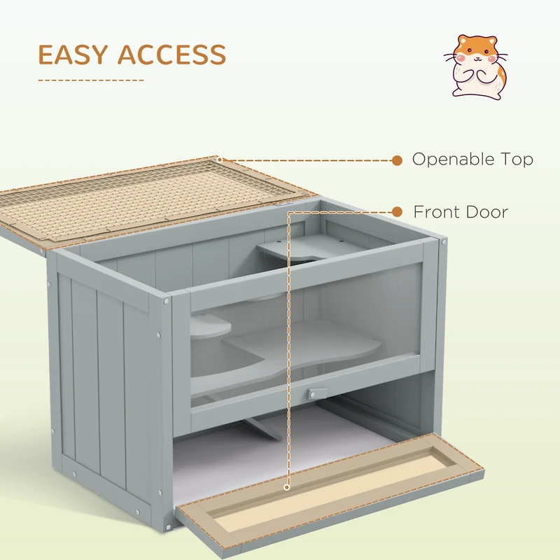 2-Level Hamster Cage Mice and Rat House, Small Animal Habitat for Guinea Pigs, Chinchillas with Openable Top, Front Door, Shelf and Ladder, Gray