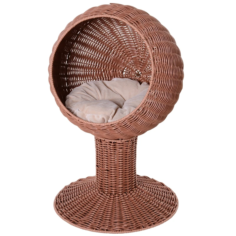 Elevated Cat Bed with Rotatable Egg Chair Pod, Cat Basket Bed with Thick Cushion, Natural Mat Grass Woven Kitty House, Brown