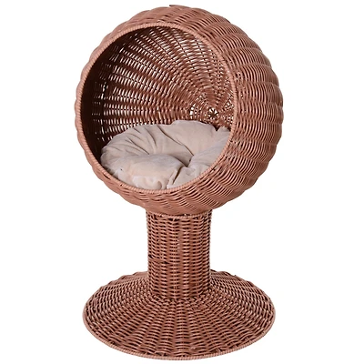 Elevated Cat Bed with Rotatable Egg Chair Pod, Cat Basket Bed with Thick Cushion, Natural Mat Grass Woven Kitty House, Brown