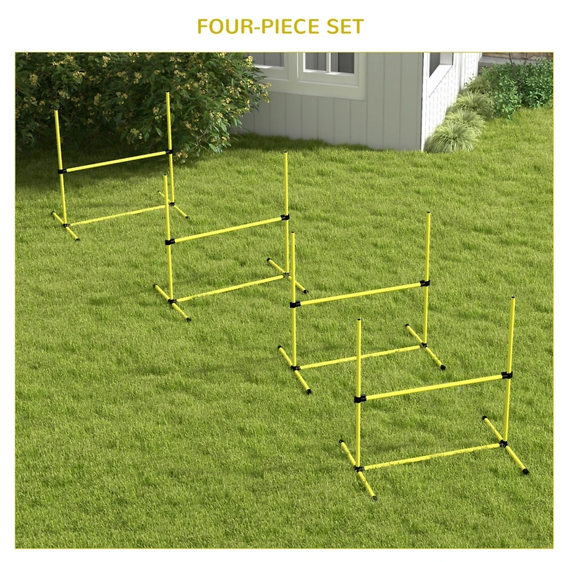 4 Piece Dog Agility Training Equipment for Dog Agility Course with Adjustable Height Jump Bars, Included Carry Bag, & Displacing Top Bar, Yellow