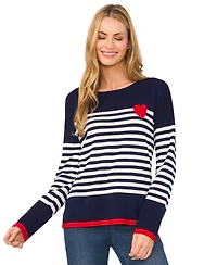 CeCe Women's Sailor Stripe Heart-Trim Long-Sleeve Sweater