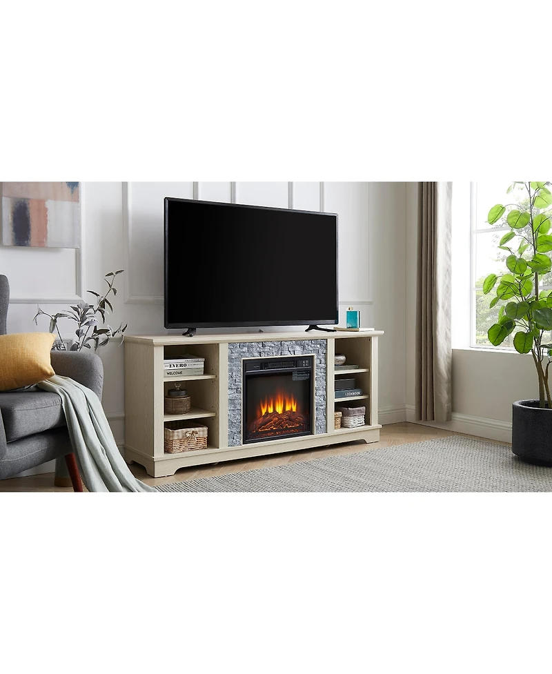 Simplie Fun Mantel Electric Fireplace Stone Tv Media Stand, Open Storage Modern Entertainment Console Space with 18" Fireplace Insert, White, 58.31" W