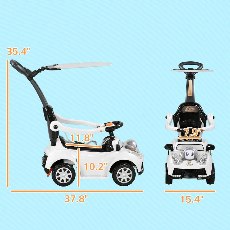 Push Car for Kids 1-3 Years, 3 in 1 Ride on Sliding Car, Foot to Floor Baby Push Car with Removable Handle, Music, Horn, Canopy, Safety Guardrail for