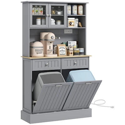 Versatile Kitchen Pantry with Charging Station, Tilt-Out Trash, Microwave Stand, Adjustable Shelves