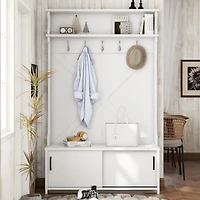 Streamdale Stylish Hall Tree with Storage Bench, Coat Hooks, and Sliding Doors