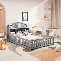 Simplie Fun Full-size Floor Beds with Bookcases and Blackboards, Versatile Platform Beds with Guard rails, Solid Wood Floor Beds with Storage Headboar