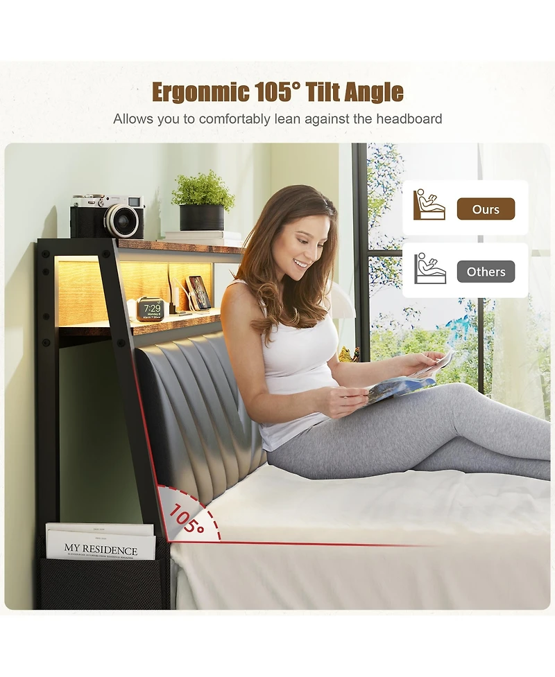 Simplie Fun Queen size Platform Bed Frame with 105-Degree Tilted Upholstered Headboard, Charging Station, Led Lights, Noiseless, Black and Brown