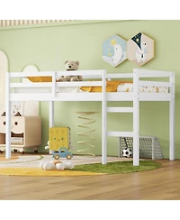 Simplie Fun Solid Wooden, Rubber Wooden Twin Loft Bed with Ladder, Bed Platform of Strengthened Slats, White