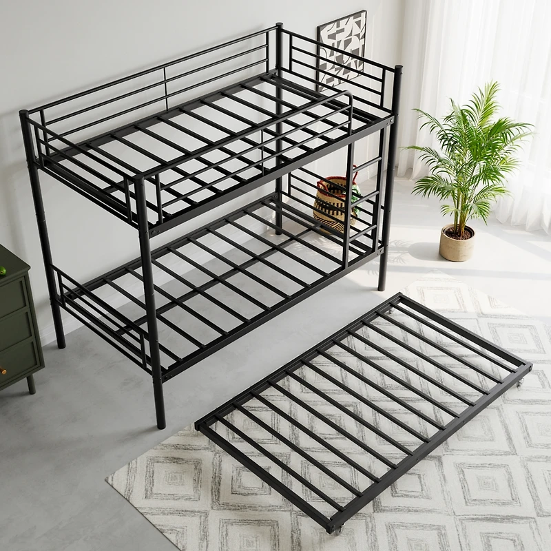 Simplie Fun Twin Bunk Bed with Trundle Metal Bunkbeds with Ladder and Full-Length Guardrail, Noise Free, No Box Spring Needed, Black