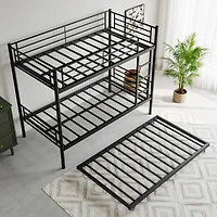 Simplie Fun Twin Bunk Bed with Trundle Metal Bunkbeds with Ladder and Full-Length Guardrail, Noise Free, No Box Spring Needed, Black