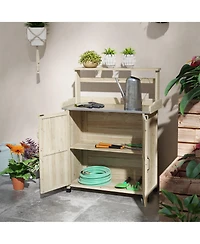 Potting Bench, Outdoor Wooden Potting Table with Storage Cabinet with 2 Shelves, Garden Work Bench with Galvanized Plated Tabletop for Backyard, Balco