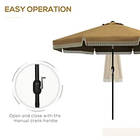 9ft Patio Umbrella with Push Button Tilt and Crank, Ruffled Outdoor Market Table Umbrella with Tassles and 8 Ribs, for Garden, Deck, Pool, Tan