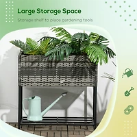 Raised Garden Bed, Elevated Planter Box with Rattan Wicker Look, Tool Storage Shelf, Portable Design for Herbs, Vegetables, Flowers, Gray