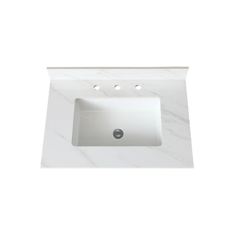 31 Inch Marble Vanity Top, White Vanity Top with Pre-drilled Faucet Holes, Bathroom Vanity Top with Undermount Rectangular Middle Sink and 4" Hei