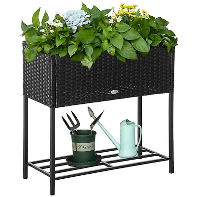 Raised Garden Bed, Elevated Planter Box with Rattan Wicker Look, Tool Storage Shelf, Portable Design for Herbs, Vegetables, Flowers, Black