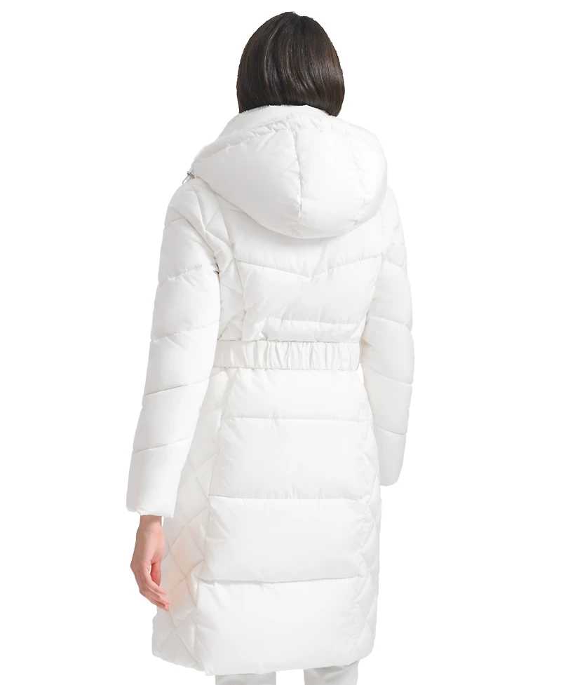 Calvin Klein Women's Diamond Quilted Side Belted Hooded Puffer Coat