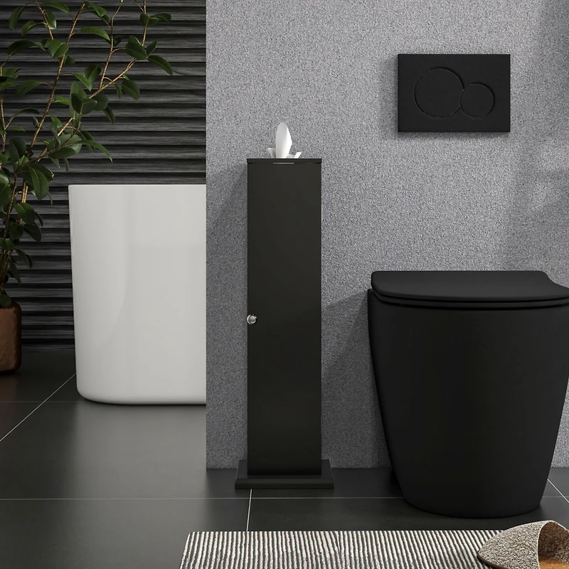 Toilet Paper Cabinet, Small Bathroom Corner Floor Cabinet with Doors and Shelves, Thin Storage Bathroom Organizer for Paper Shampoo, Black