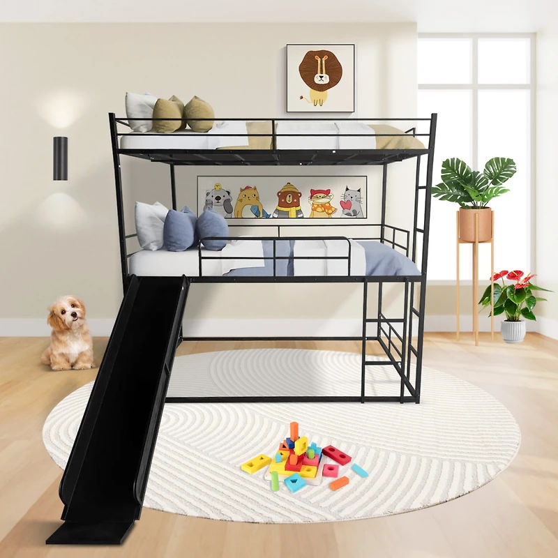 Twin Size House Loft Bed with Slide and Ladder, Black