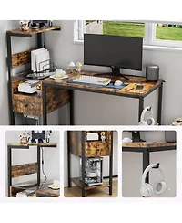 Simplie Fun Computer Desk with Power Outlet & Storage Shelves, Study Writing Table with Usb Ports Charging Station, Pc Desk Workstation for Home Offic