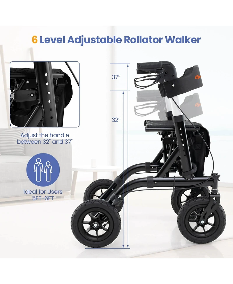 Costway Foldable Height Adjustable Rollator Walker with Seat, Storage Bag for Seniors