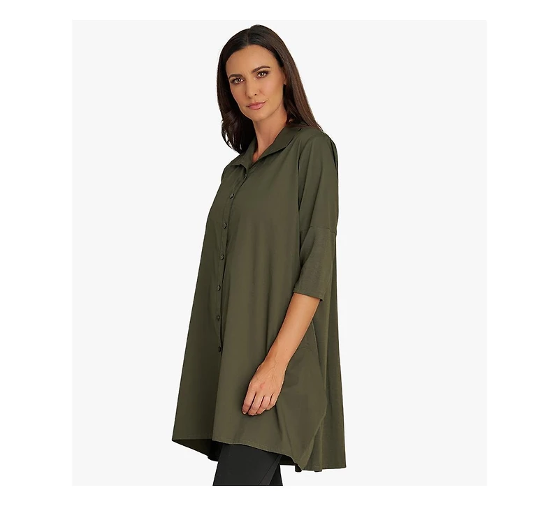 Stella Carakasi Women's 3/4 Sleeve Button-Front Cotton Poplin And Jersey Shirt Top Tiburon Tunic Icon