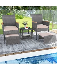 Costway 5 Pcs Patio Conversation Set with Soft Cushions Ottomans & Tempered Glass Top Table