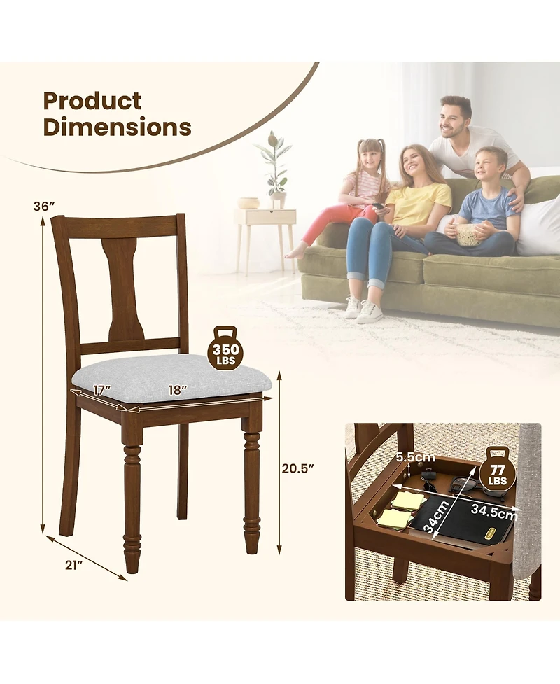 Gymax Set of 4 Upholstered Wooden Dining Chair w/ Seat Storage Space Brown