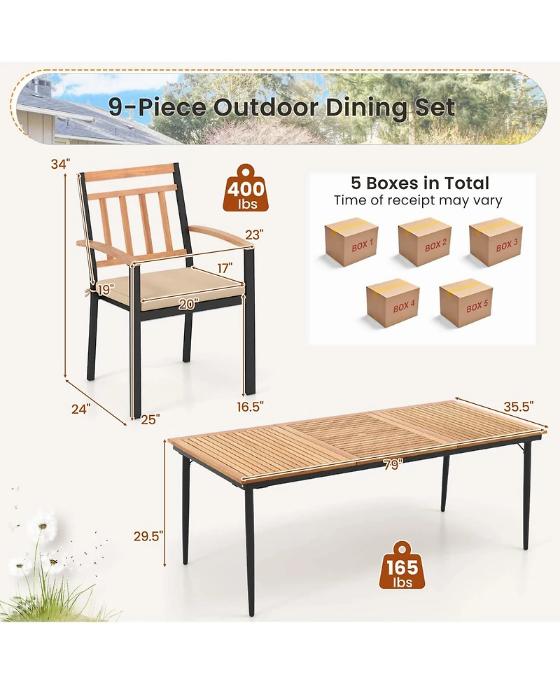 9 Pcs Patio Dining Set 79" Rectangle Dining Tables with 8 Wooden Armchairs