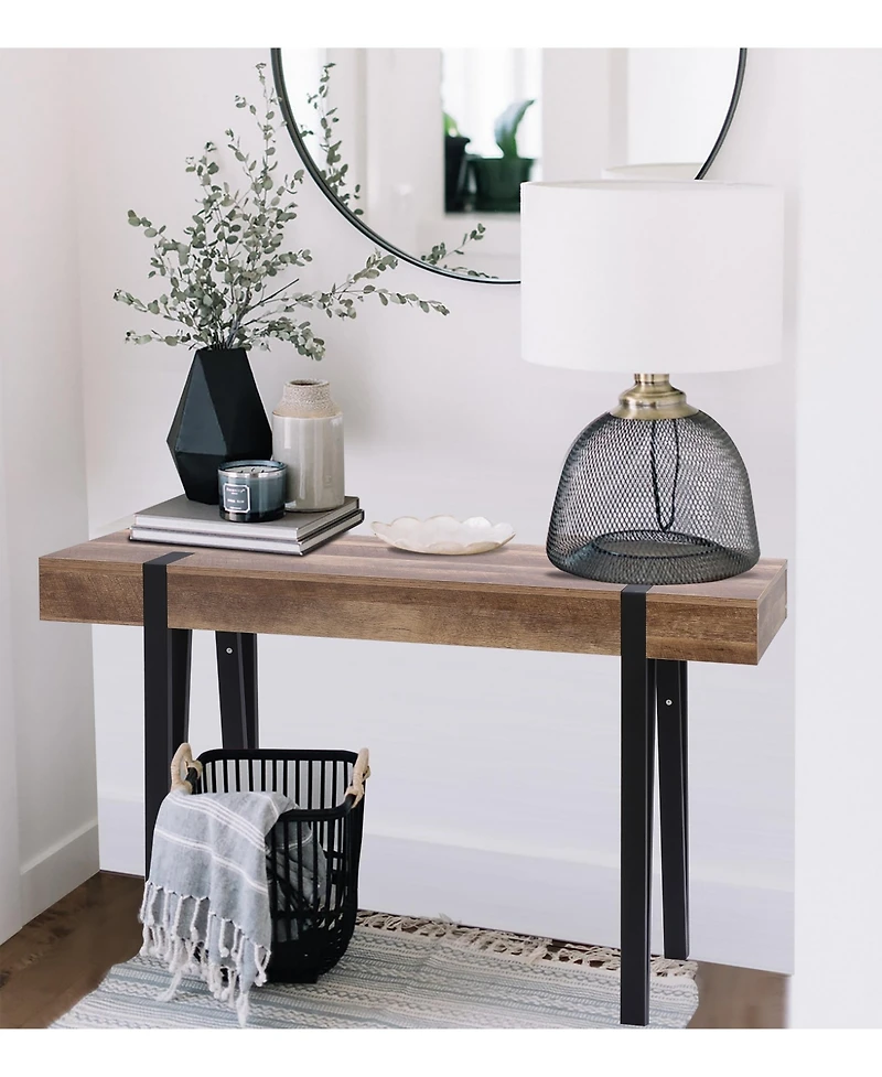 LuxenHome Oak Finish Mdf Wood Black Metal Console Entry Table