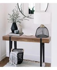LuxenHome Oak Finish Mdf Wood Black Metal Console Entry Table
