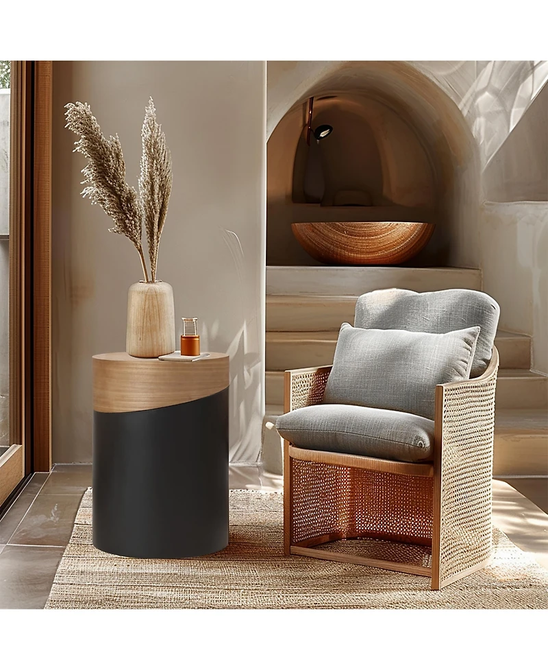 LuxenHome Natural Wood and Metal Round Drum Modern Accent End Side Table