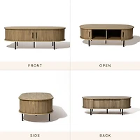 LuxenHome Mid-Century Modern Coffee Table with Storage and Slatted Sliding Doors Oval Center Table