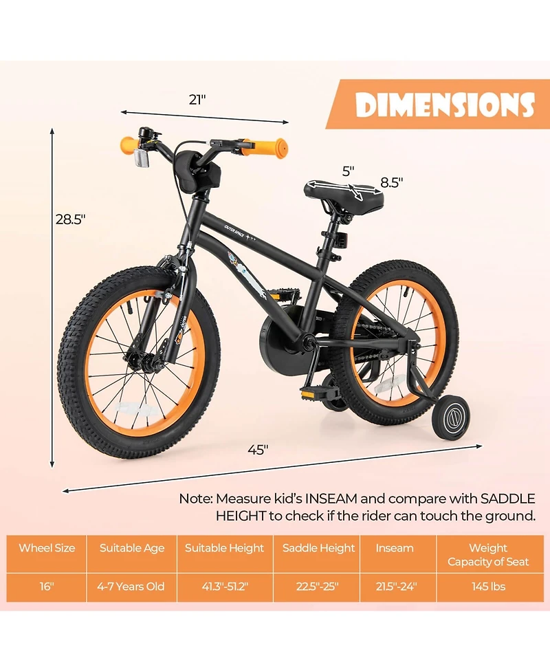 Costway 16-Inch Kid s Bike for 4-7 Years Old with Adjustable Saddle & Anti-slip Handlebar