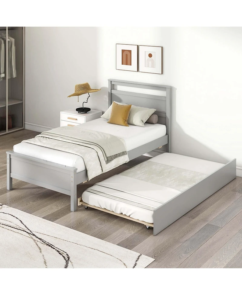 Twin Platform Bed with Trundle Pull-out Headboard & Footboard