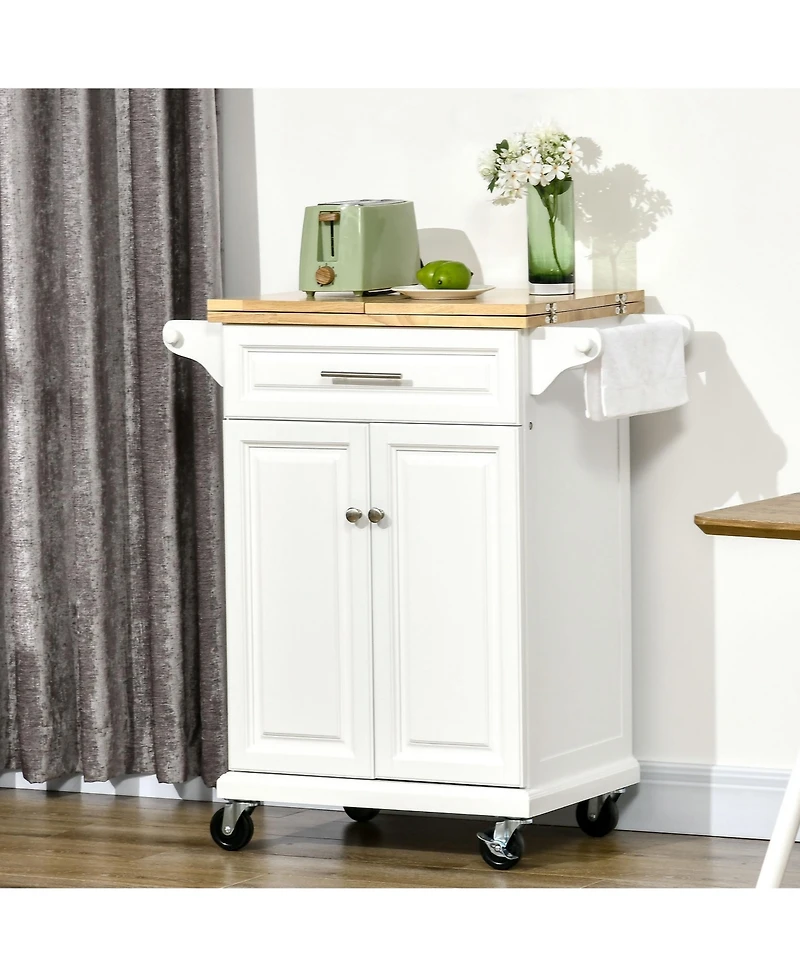 Kitchen Island with Drop Leaf Trolley Cart on Wheels Drawer Cabinet Towel Racks Versatile Use Natural Wood Top and White