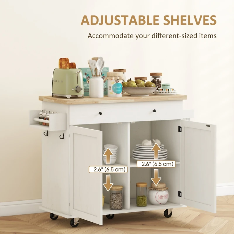Kitchen Island with Storage, Farmhouse Rolling Kitchen Island Cart on Wheels with Drawer, 2 Cabinets, Rubberwood Top, Spice Rack, Towel Racks and 2 Ho